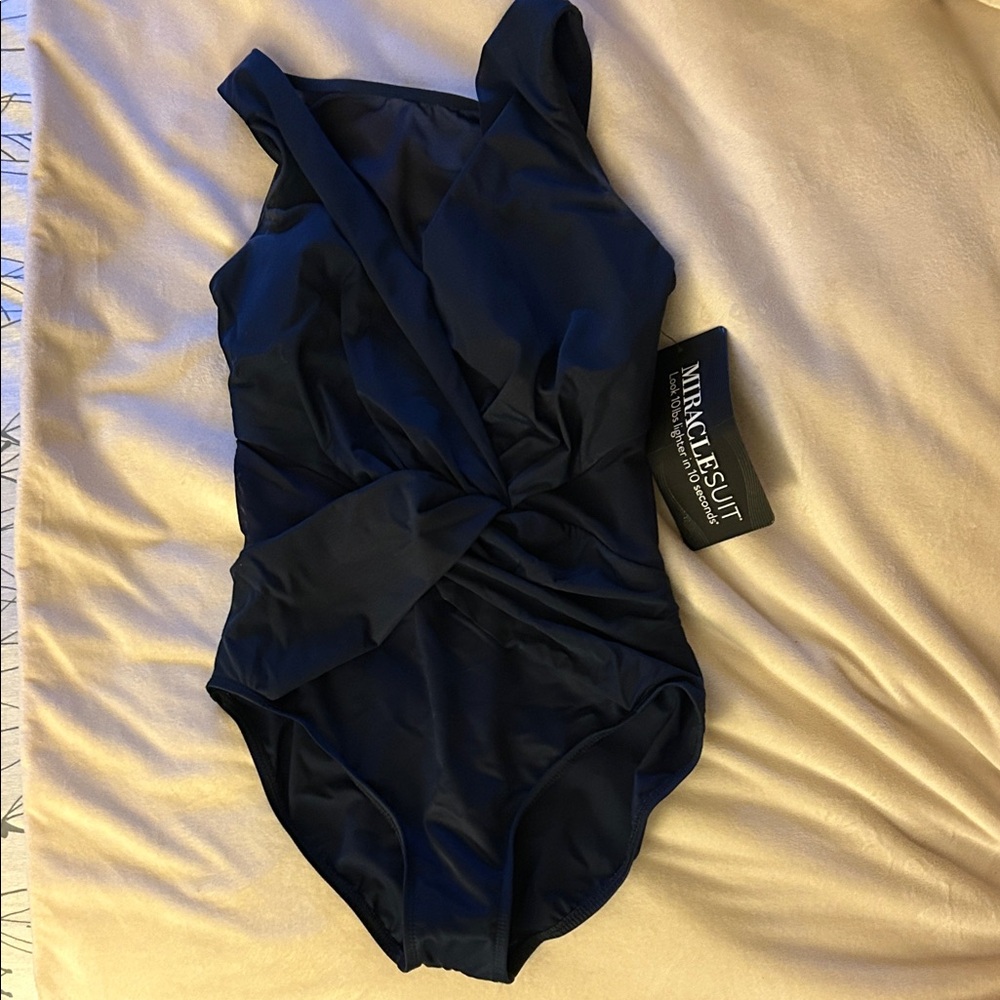 NWT Miraclesuit Midnight Navy Twist-Front One-Piece Swimsuit